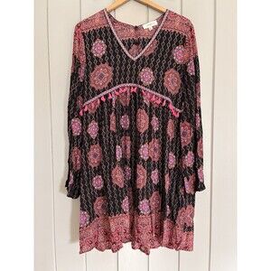 Umgee Tassel Trim Peasant Dress XL V-Neck Bell Sleeves Black Pink Mini Boho